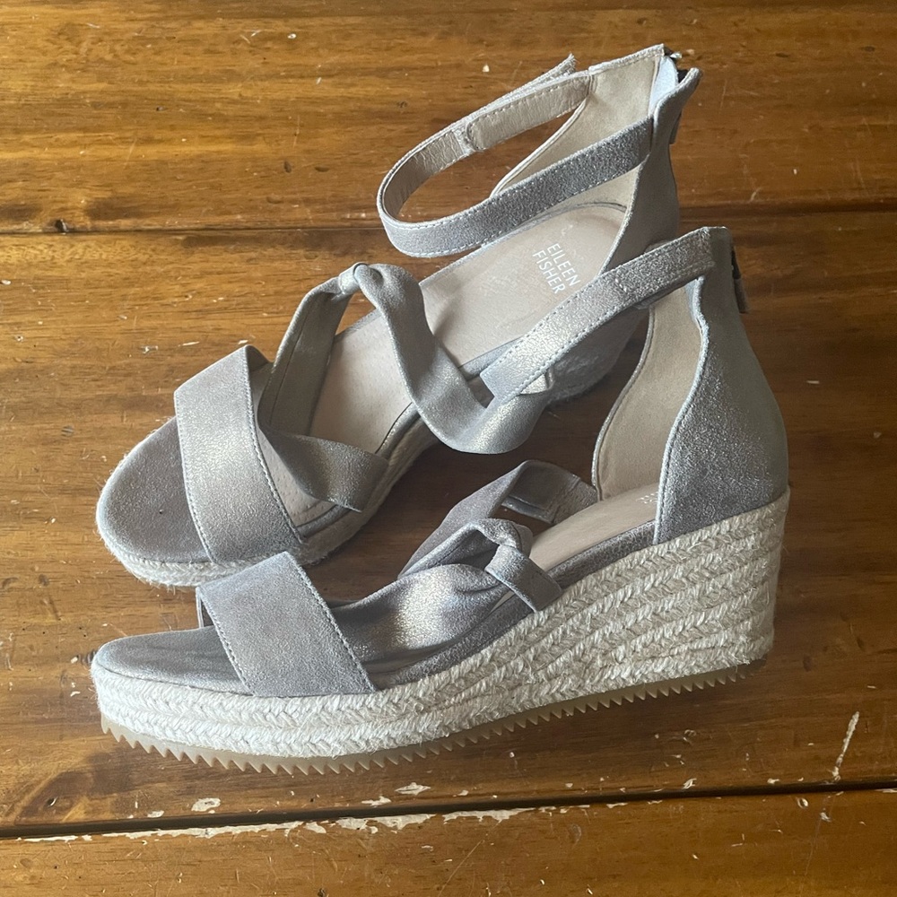 New Nwob Eileen Fisher Wisp Metallic Suede Espadrille Wedge Heel Sandals size 10